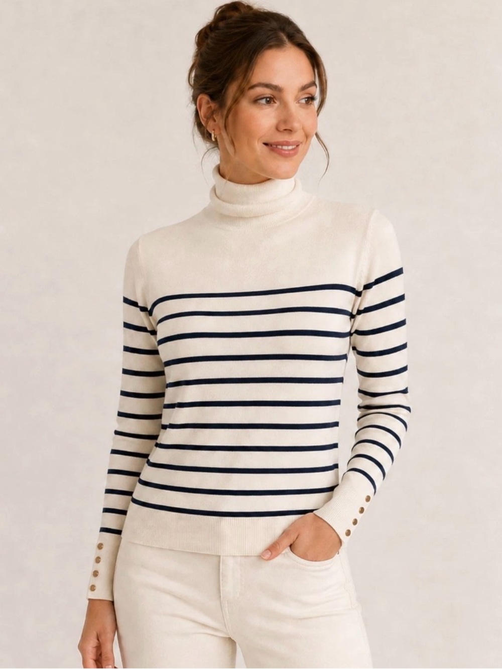 Zara Turtleneck Striped Sweater - Ivory/Navy Gold Buttons